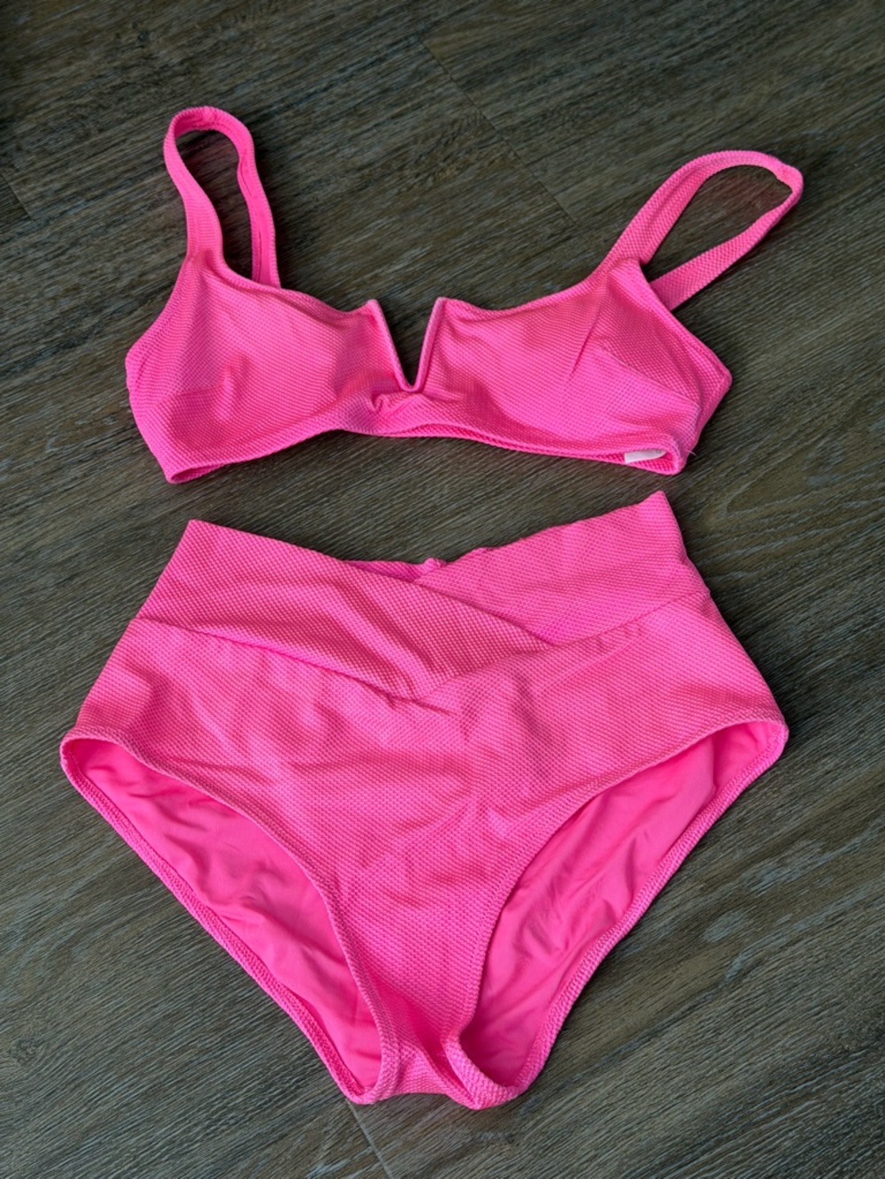 aerie Hot Pink Textured High-Waist Bikini Set